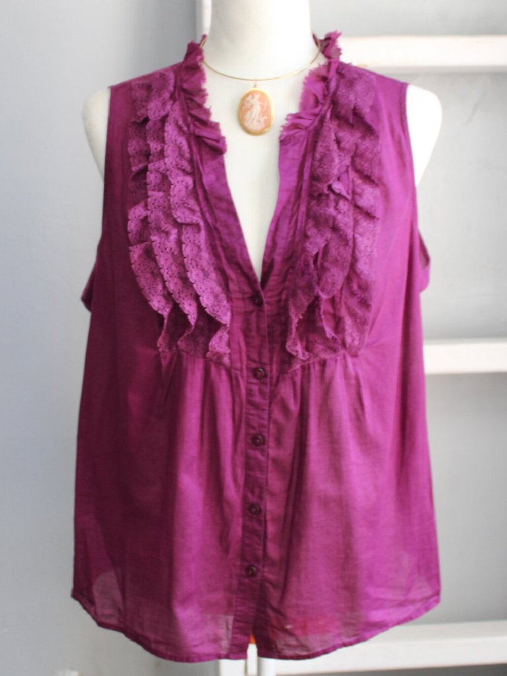 Ann Taylor LOFT VTG Y2K Purple Sleeveless Ruffled Button-Down Blouse sz Large